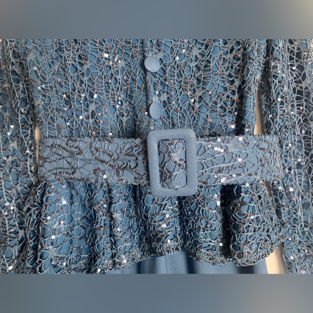 Modest Evening Dress Teal Blue long sleeve Stretch Sequins belt Sz 44 (Turkey) - Picture 14 of 17
